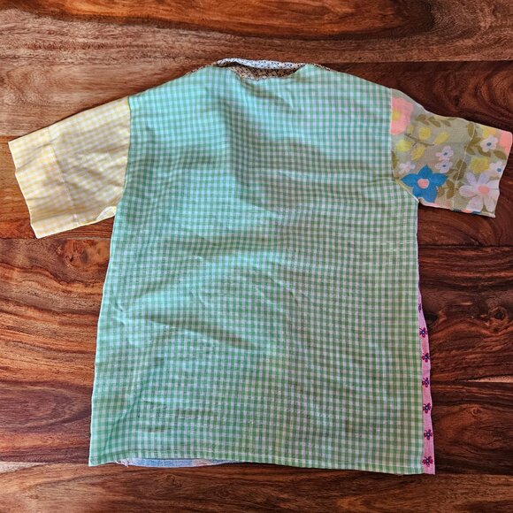 Vintage 70s Toddler Boys Pair Set 2 Handmade Patchwork Short Sleeve Shirt 4T/5T - Picture 4 of 5